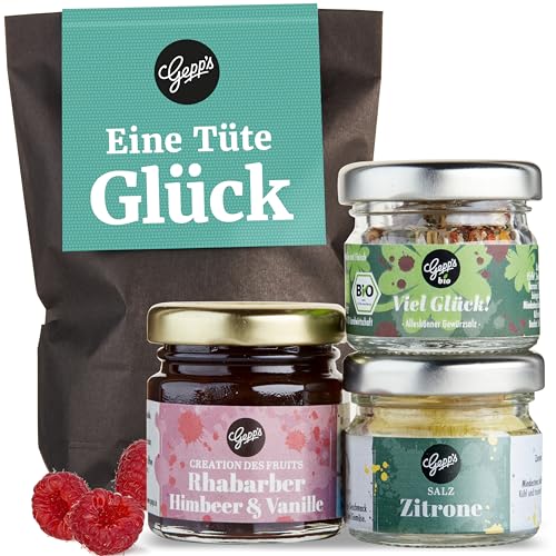 Gepp's Feinkost Wundertüte Eine Tüte Glück I Geschenkset mit Mini-Salz, Gewürzmischung & Konfitüre Rhabarber-Himbeer I Viel Erfolg Geschenkidee & Glückbringer für Prüfung, Geschenk für die Abi-Prüfung