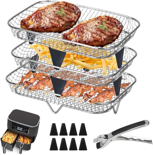 Heißluftfritteuse Zubehör,3 Stück 304 Edelstahl Air Fryer Racks Korb, Stapelbar Luftfritteuse Racks Heißluftfritteuse Racks Luftfritteuse Korb Air Fryer Tray Grillrost Rack (8-Sätze)