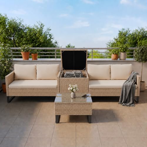 Juskys Polyrattan Lounge für 4 Personen – Outdoor Gartenmöbel Set Santorini mit Beistelltisch & Auflagenbox, wetterfeste Lounge Möbel als Balkonmöbel Sitzecke – Creme