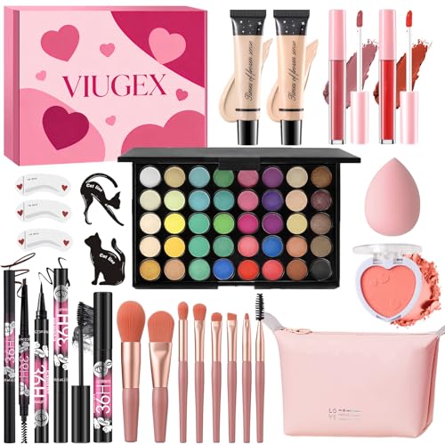 Viugex Make-up Sets, Schminke Set für Mädchen Frauen, Kosmetik Starter Kit, Schminke Geschenkset mit Lidschatten Foundation Rouge Lipgloss Mascara Eyeliner Augenbrauenstift Pinsel Schminkkoffer