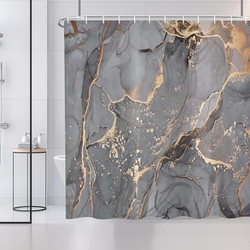 ASDCXZ Duschvorhang Grau Gold Marmor 180x180 cm, Modern Abstrakt Grau Gold Schwarz Marmor Optik Textur Waschbar Bad Duschvorhänge Polyester Textil Wasserdicht Duschvorhang für Badewanne mit 12 Hake