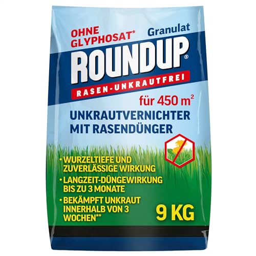 Roundup Rasen-Unkrautfrei Rasendünger, 9 kg für 450 m² - 2in1, Unkrautvernichter plus Dünger mit 100 Tage Langzeitwirkung