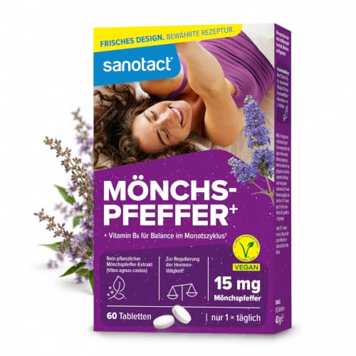 sanotact Mönchspfeffer Tabletten hochdosiert – 15 mg Vitex Agnus Castus – mit Vitamin B6, Magnesium & Pantothensäure – zur Regulierung der Hormonaktivitäten – vegan – 60 Tabletten – Made in Germany