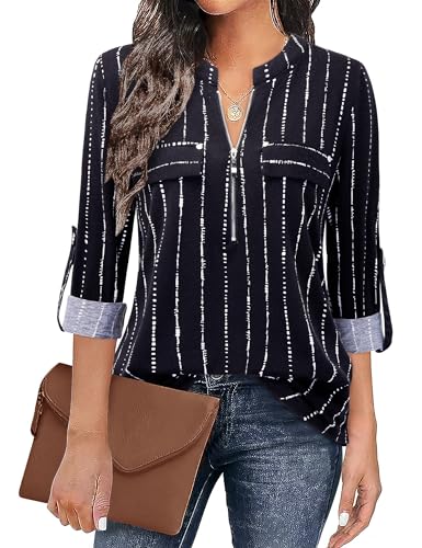 Siddhe Damen Longbluse 3/4 Ärmel Bluse Longshirt 3/4 Ärmel V-Ausschnitt mit Reißverschluss Gestreifte Lange Shirt Tunika Lässig Elegant Oberteil, Schwarz mit Weiß Streifen XL