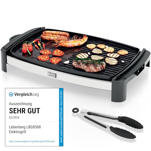 LEBENLANG Tischgrill Elektrisch 2000W - Inkl. Grillzange I 45x30cm I Plancha Elektrogrill für Balkon Innen & Außen I Elektrischer Teppanyaki Balkongrill Grill Elektrische Grillplatte Elektrogrills
