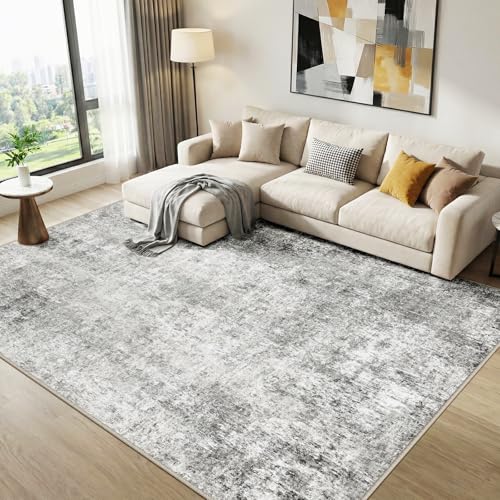 DEFYNEE Wohnzimmer Teppich 120 x 180 cm | Rutschfester Kurzflorteppich in abstraktem Design | Waschbar für Schlafzimmer & Homeoffice, Grauweiß