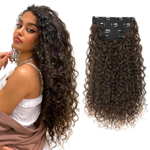 FLUFYMOOZ hair extensions Clip-in-Haarverlängerungen, 4-teilig, 100% reine Proteinseide, Haarverlängerungen, lang, weich, natürlich, 50 cm, lockige Haarverlängerung (Dunkelmandelbraun mit Kupfer)