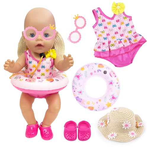 WanderGo Schwimm-Set für Puppen, 5 Stück Badeanzug Puppen Set Rosa Puppenkleidung Sommer Schwimmset für Puppen mit Hut, Schwimmring, Schuhe und Sonnenbrille für 35 - 45 cm Schwimmpuppe
