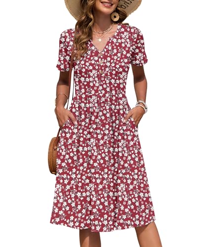 AUSELILY Damen Kurzarm Knielange Sommerkeider Empire Midikleid mit Taschen