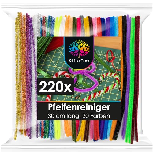 OfficeTree 220 Pfeifenputzer Bunt zum Basteln - 30 Farben inklusive Glitzerdraht - Chenilledraht 30cm - Pfeifenreiniger Bunt zum Basteln - Pipe Cleaner für DIY Projekte
