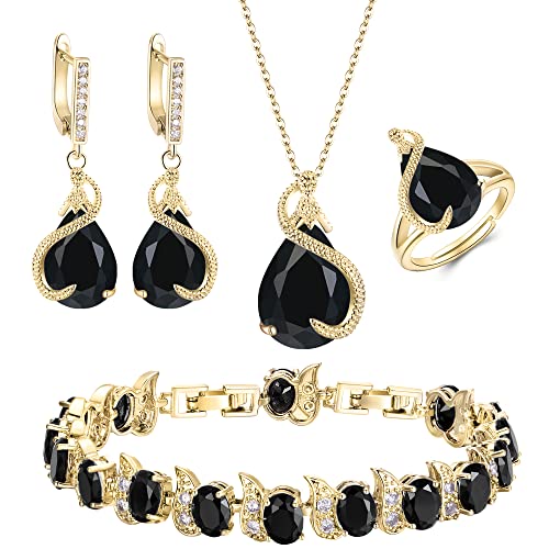 EVER FAITH 4 Stück Tropfen Cubic Zirconia Schmuck Set Glamour Anhänger Halskette Ohrringe Tennis Armband und Offener Ring für Damen Hochzeit Party Schwarz Gold-Tone