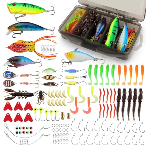 DXLing 130 Stück Angelzubehör Angelköder Set Angeln Köder gemischt mit Tackle Box einschließlich Kunstköder Popper Crankbait VIB Spinner Wobbler Softbaits für Hecht Zander Forelle Barsch Angelzubehör