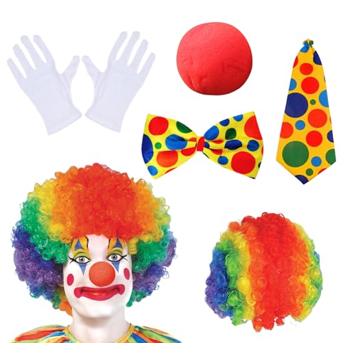 Lithyc 5-Teiliges Clown KostüM Set Mit Bunter Clown-PerüCke,Nase, Fliege, Krawatte und Handschuhen,Zirkus ZubehöR,für Damen Herren KarnevalskostüMe