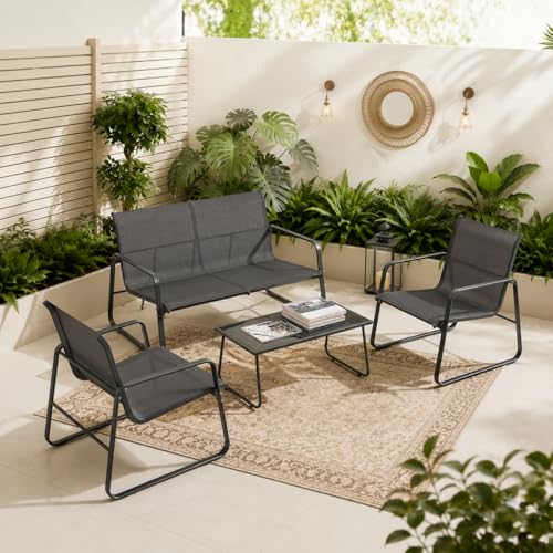 RTDTD 4-teiliges Terrassen-Sitzset, Gartenmöbel-Set mit Zweisitzer, 2 Stühlen und Tisch aus gehärtetem Glas, atmungsaktives Textilene und Stahlgestell für Garten, Balkon und Hinterhof,grau