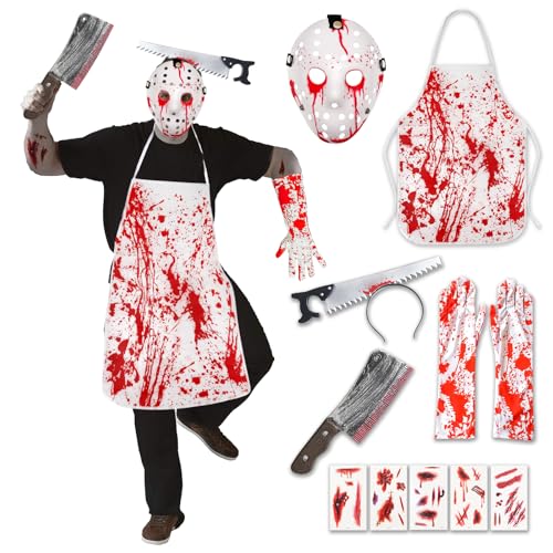 LETSHOLD Halloween Kostüme Herren, Horror Metzger Kostüm mit Blutige Schürze, Horror Accessoires Set für Halloween Karneval Cosplay Party (Weiß)
