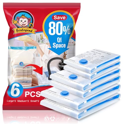 BoxLegend Vakuumbeutel 6 Stück 2 Jumbo 100x80cm + 2 Groß 80x60cm + 2 Kleine 60x40cm Aufbewahrungsbeutel Reise Vakuum Wiederverwendbar Kleiderbeutel für Kleidung Bettdecken Bettwäsche Kissen