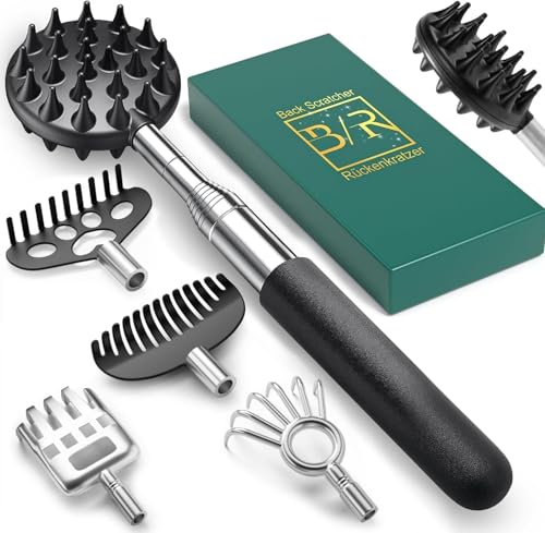 Rückenkratzer Ausziehbarer mit 5 abnehmbaren Kratzköpfen, Verstärktem Griff aus Edelstahl, Geschenke für Männer, Väter und Frauen, Valentinstag Geburtstagsgeschenk Geschenk für Ihn