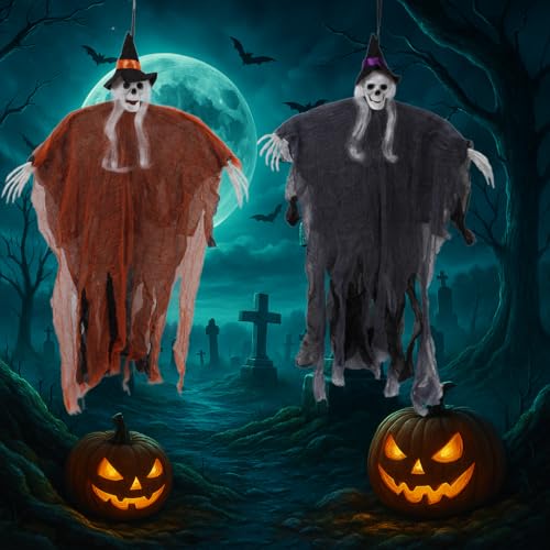 Katomi 2 Stück Halloween Deko Outdoor, Horror Skelett Helloween Deko Tür, Halloween Türdeko Innen, Halloweendeko Haustür Hexe Gespenster Totenkopf Ghosts Hängedeko Draußen Garten