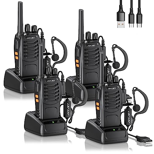 JUCJET 88E Walkie Talkie,Lizenzfrei PMR446 16 Kanäle Funkgeräte,2W Funkempfang 16 Kanäle 3-5 Meile Reichweite Sprechfunkgerä,Mit USB-Ladestation und Headset, (Schwarz, 4 Stück)