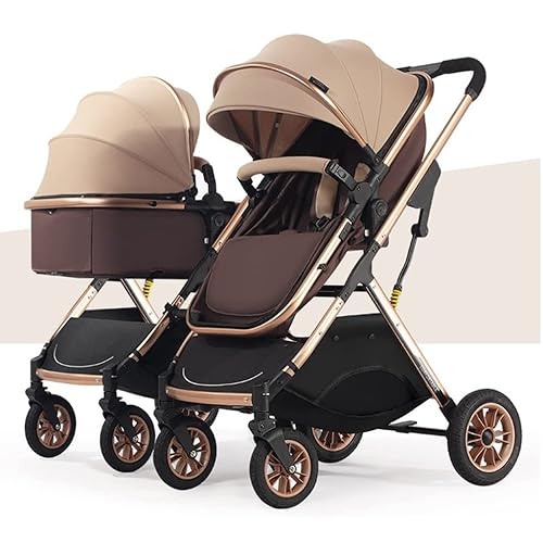 Doppelter Kinderwagen, Zwillingskinderwagen, Kleinkinderkinderwagen for Zwillinge nebeneinander, faltbarer Tandemkinderwagen mit Doppelsitz, faltbarer Hochquerkorb(Color:Gold)