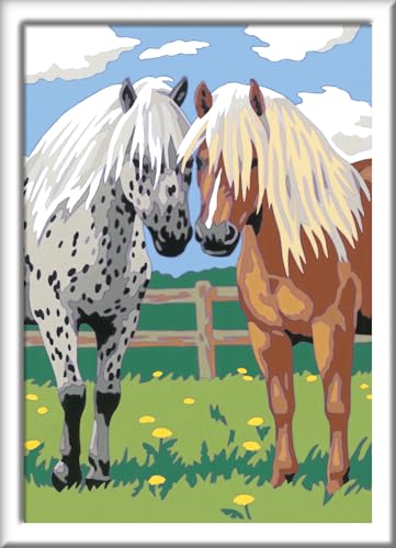 Ravensburger CreArt 28566 - Glückliche Pferde - Malen nach Zahlen für Kinder ab 7 Jahre, Malset mit Rahmen, Pinsel und Acrylfarben, Geschenk für Mädchen und Jungen, mit Stickern