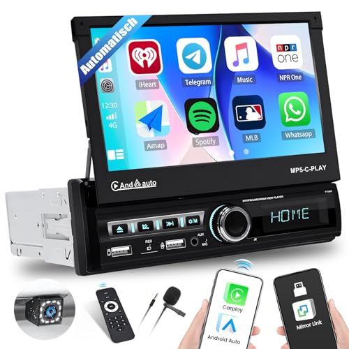 SIXTOP Autoradio 1 Din Navi mit Automatisch Versenkbarer Bildschirm mit Wireless Carplay Android Auto，7 Zoll Radio Stereo 1Din mit EQ Bluetooth Mirror Link FM AUX TF USB SWC Fernsteuerung Rückfahrkame