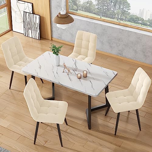 KUAKE Esstisch 117x68cm mit 4 Stühlen Set, Rechteckiger Esstisch Moderner Küchentisch Set, Schwarze Tischbeine (Beige Esszimmerstuhl)