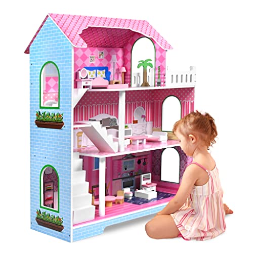 NAIZY Kinder Puppenhaus Holz Barbie Haus 100x70x30cm Puppenstube Set Rosa 3 Etagen Playmobil Dollhouse mit Möbeln & Zubehör DIY Wohnmobil Traumvilla, für Mädchen und Jungen (Typ B), LMZJ-(ELC1073)