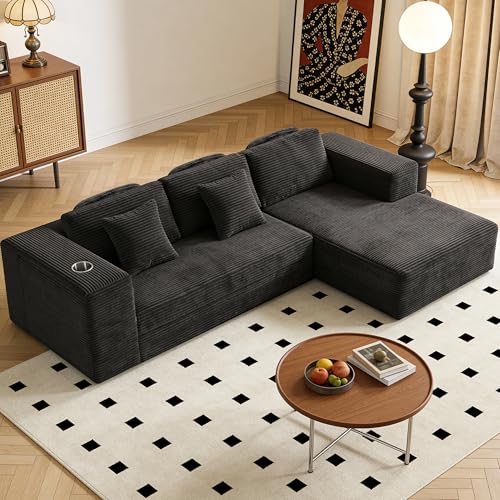 BonVache Ecksofa mit Schlaffunktion, Cloud Boneless Couch mit Seitenfach und Tassenhalter, Cord Schlafsofa L Form, Tiefer Sitzfläche, Sofa mit Rechte Chaiselongue, für Wohnzimmer, Schwarz