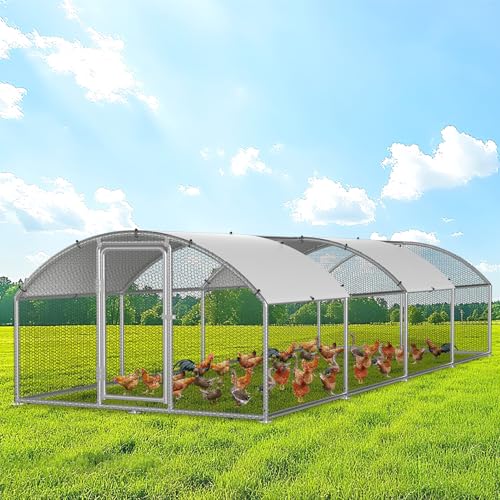 Fogmiea Hühnerstall Freilaufgehege,Freilaufgehege Kaninchen Verzinktem Stahl,Outdoor Hühnerhaus Dome Roof mit Schloss und Wasserdichtes PE Gewebe, für Hühner, Kleintiere & Pflanzen (3x8x2m)