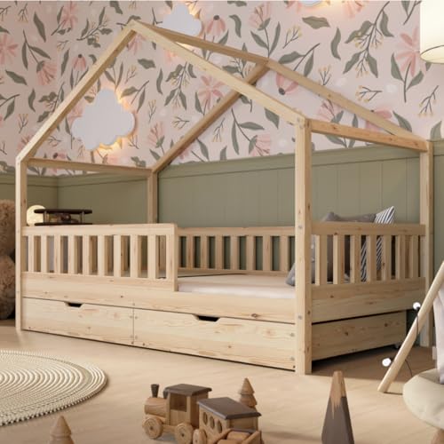 Crazy Pine Hausbett mit Schubladen 140x200 cm – Kinderbett aus Naturholz mit Rausfallschutz – Montessori Bodenbett mit zusätzlichen Stauraum und und Abnehmbarer Barriere - Crazy House