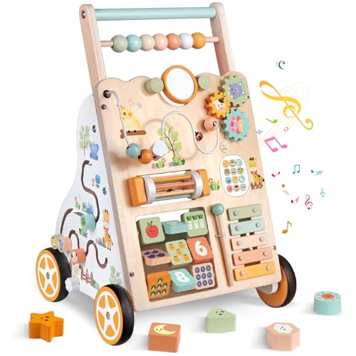Baby Holz Lauflernwagen mit Rädern – Montessori Lauflernspielzeug für Mädchen & Jungen ab 1 Jahr – Schiebewagen mit Aktivitätscenter, Verstellbarer Geschwindigkeit & Höhe – ab 12
