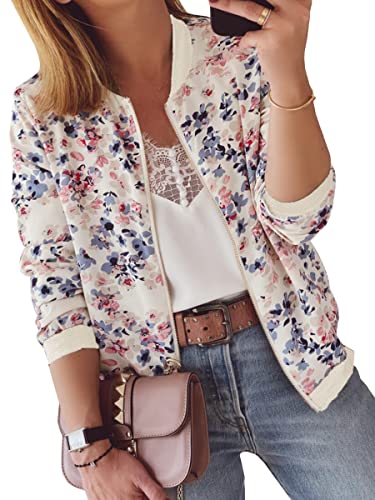 ECOWISH Damen Casual Jacke Blumenmuster Langarm Bomberjacke Reißverschluss Stehkragen Outwear Kurz Coat Herbst Frühling 03Blaue Blumen L