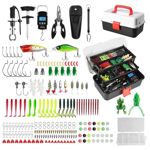 Angelkasten Set,213 Pcs Angelköder Set und Werkzeugset mit Lippenclips, Hakenentferner, Angelkoffer mit Zubehör Geeignete Angelausrüstung für Kinder Erwachsene Anfänger- Christmas Surprise Gift