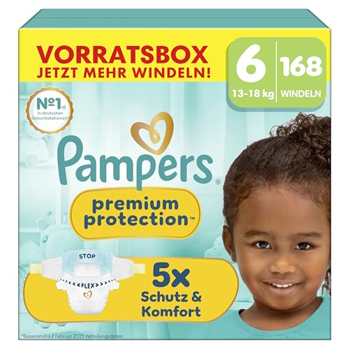 Pampers Premium Protection Größe 6, 168 Windeln, 13kg-18kg, unser Nr. 1 Haut- und Auslaufschutz