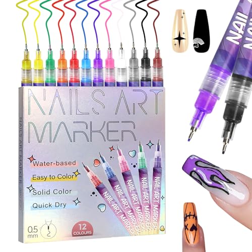 MKNZOME 12 Farben 0.5MM Nagellack Stift Set, 3D Nail Art Pen Nagellackstifte Nageldesign für DIY Nagelkunst, Beauty Schönheit, Maniküre Werkzeuge
