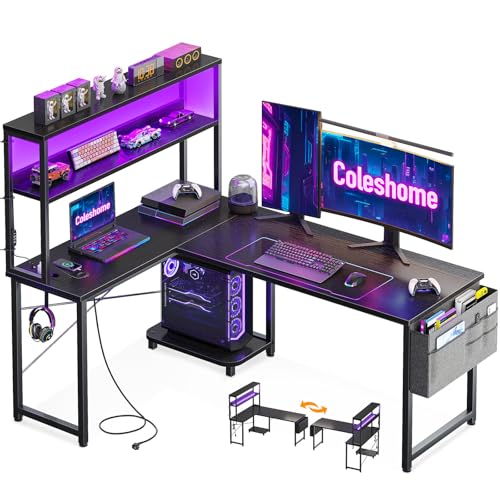 Coleshome Gaming Tisch L Form mit LED & Display Regal, 135×100 cm, Schwarz