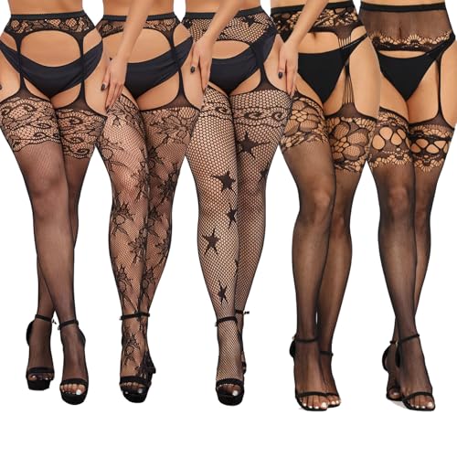 Rbleote Strapsstrümpfe mit Muster,5 Stück Strümpfe Damen Sexy,Strapsstrumpfhose für Damen,Fischnetz Strumpfhose,Einfaches An- und Ausziehen(Schwarz)