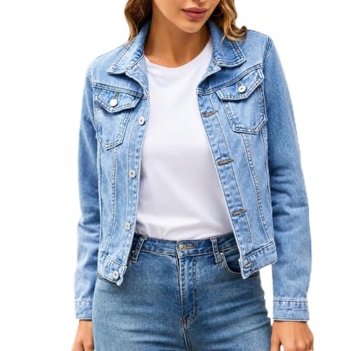 Generisch Jeansjacke Damen Kurz Langarm Jeansjacke für Damen Leichte Übergangsjacke Jean Jacket Casual Jeansjacken Herbst Winter Jacke Tailliert Button Up Vintage Denim Jacket Herbstjacke
