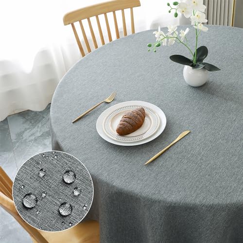 AooHome Tischdecke Rund Φ120cm, Grau Leinen-Optik Tischdecken Abwaschbar Tischtuch aus Polyester Wasserabweisend mit Lotuseffekt, Dauerhaft Kratzfest für Wohnzimmer, Esszimmer, Balkon, Garten