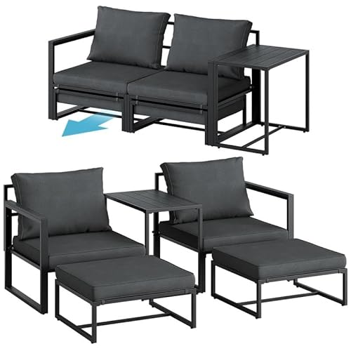 STEELSØN Asteri Sitzgruppe 5-teilig – Gartenmöbel Set mit 2 Sessel, 2 Hocker, 1 Tisch – Balkonlounge Metallgestell Schwarz – inkl. Sitzpolster anthrazit – Terrassenlounge für 2-4 Personen – wetterfest