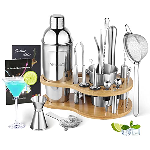 YISSVIC Cocktail Set 22-teiliger Cocktail Shaker Edelstahl mit 750 ml Boston Shaker doppel messbecher löffel Pourer und Bambus-Ständer Geschenk Set für Profis und Anfänger