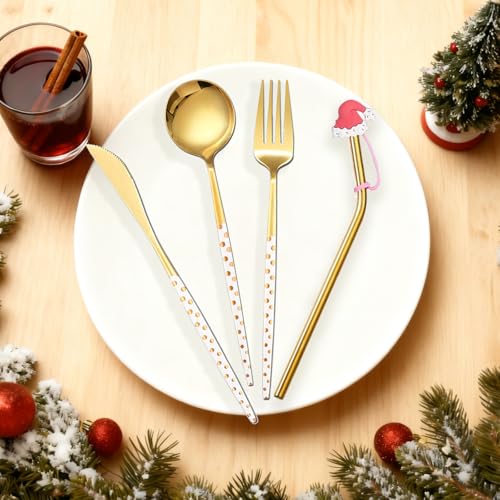 Teelöffel, Dwafill 4-teiliges Set Weihnachtslöffel, Weihnachtsbesteck Edelstahl, Besteck Set, Esslöffel, Tafelmesser, Nutella Löffel, Kuchengabeln, Weihnachtsgeschirr, für Tischdekorationen (4, C)