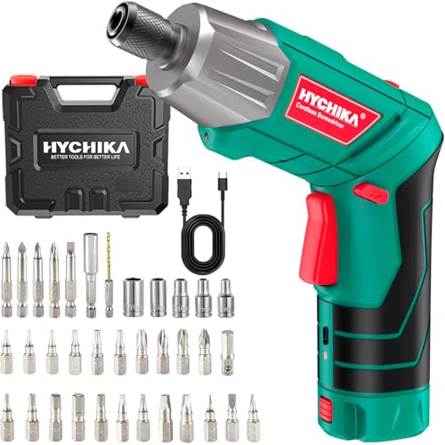 HYCHIKA Akkuschrauber, 6N·m Drehmoment 2000mAh 3,6V Akku mit 35 Zubehörteilen, LED-Licht und Taschenlampe, Akku Bohrschrauber mit Typ C Kabel und Aufbewahrungsbox