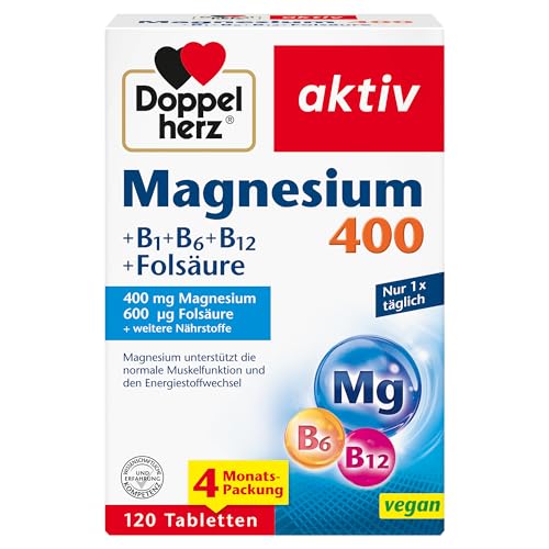Doppelherz Magnesium 400 + B1 + B6 + B12 + Folsäure - Magnesium unterstützt die normale Muskelfunktion und den Energiestoffwechsel - 120 vegane Tabletten