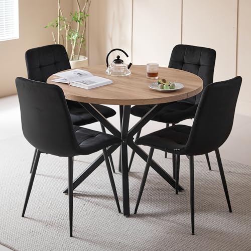 DEYARNA HOME Essgruppe 5-Teilig, 100cm Runder Esstisch und 4 Esszimmerstühle (Holländisches Vlies), Tisch und 4 Stühle für Küche, Wohnzimmer, Balkon, Restaurant, Büro (Helle Holzfarbe+Schwarz)
