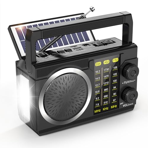 PRUNUS J-135 AM/FM/SW Solar Radio mit 1800mAh Akku oder AA batteriebetrieb, Nostalgie Radio mit Bluetooth 6.0/USB/TF-Karte Spielen. Kofferradio Transistorradio für Camping, Notfälle und Outdoor.