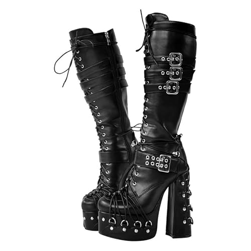 blingqeen Punk Stiefel Plateau Schnürstiefel für Damen Blockabsatz Gothic Boots Schwarz 46 EU