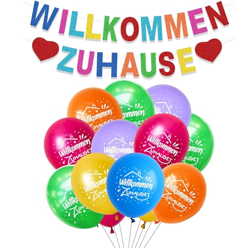 Willkommen Zuhause Deko mit Herzlich Willkommen Girlande und Luftballons, Herzlich Willkommen Zurück Ballon Bunte, Welcome Home Party Deko, Welcome Back Ballons für Babyshower,Hochzeit, Familie Partei