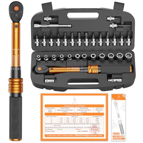 Drehmomentschlüssel Fahrrad 1/4 Zoll, 3-25 Nm, ±3% Fehlergenauigkeit, 72 Zähne Ratsche, 33TLG Torque Wrench Set für Motorrad und Bike, inklusive Verlängerungsstangen, 1/4